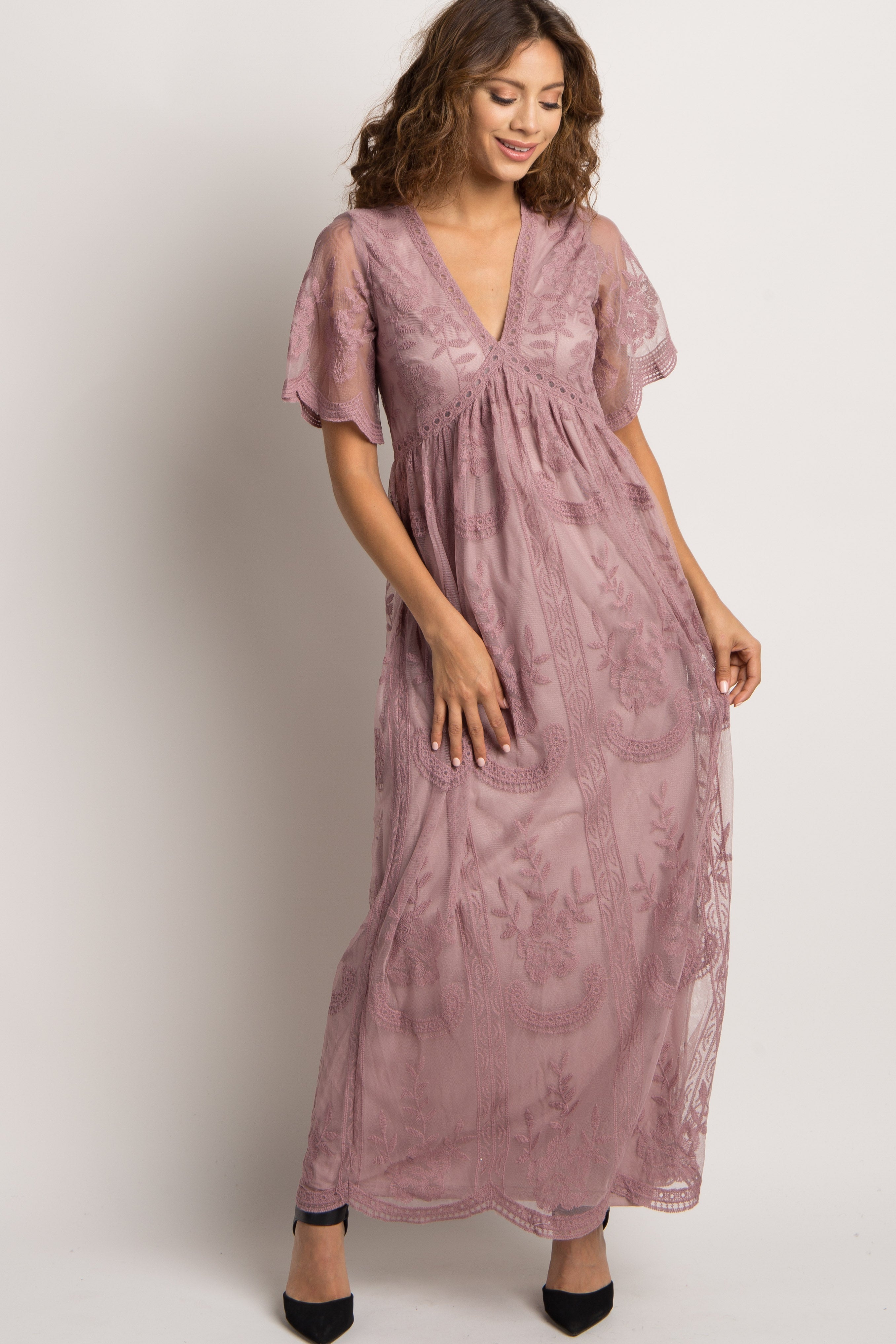 MARIJNEA® | Mauve kanten mesh overlay Maxi-Jurk