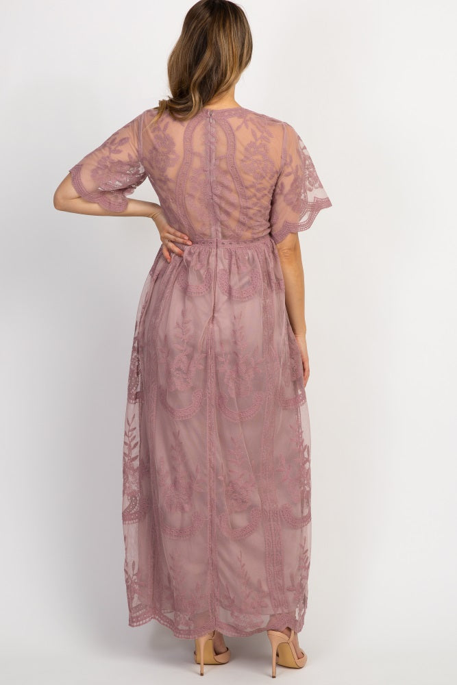 MARIJNEA® | Mauve kanten mesh overlay Maxi-Jurk