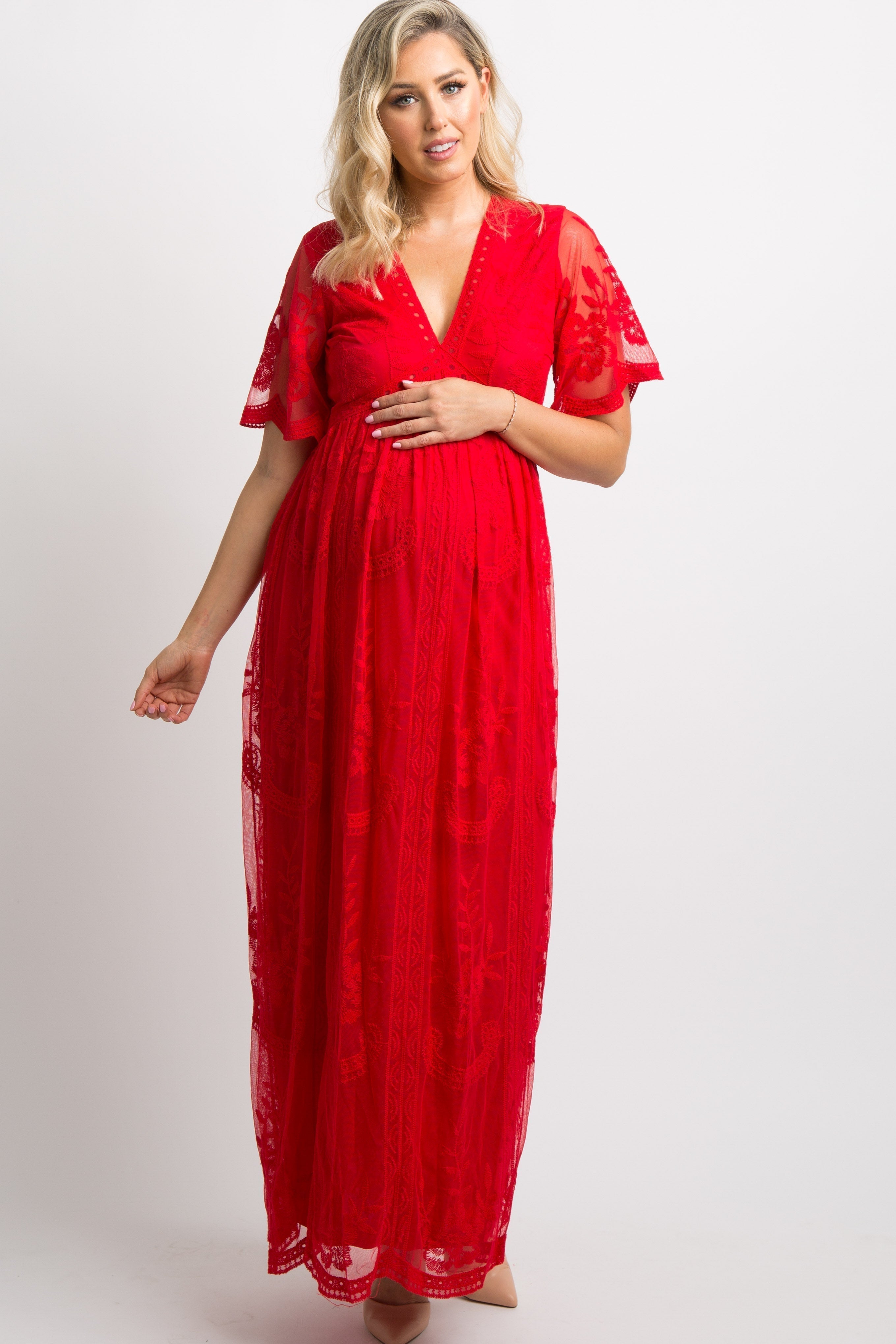 MARIJNEA® | Rotes Maxikleid mit Spitzen-Mesh-Overlay 