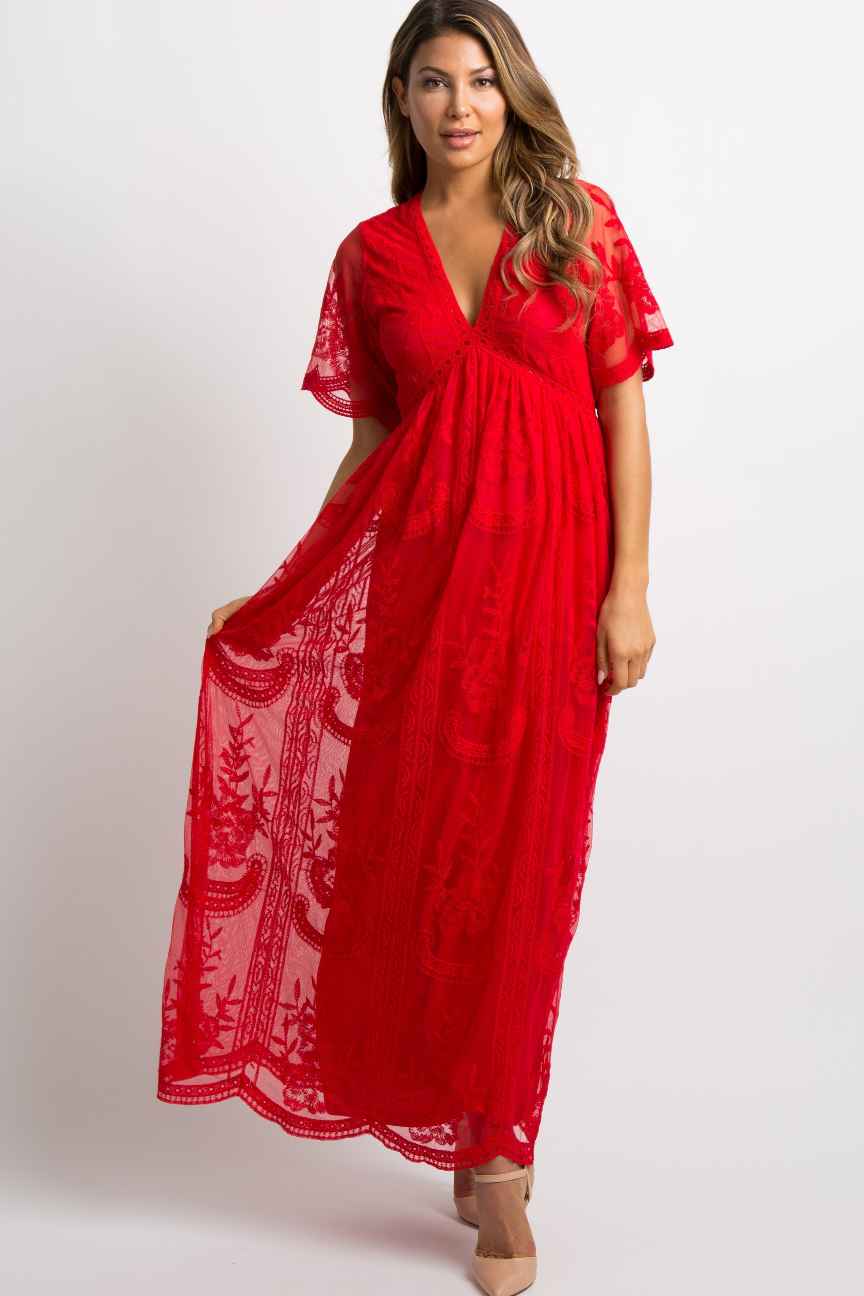 MARIJNEA® | Rotes Maxikleid mit Spitzen-Mesh-Overlay 