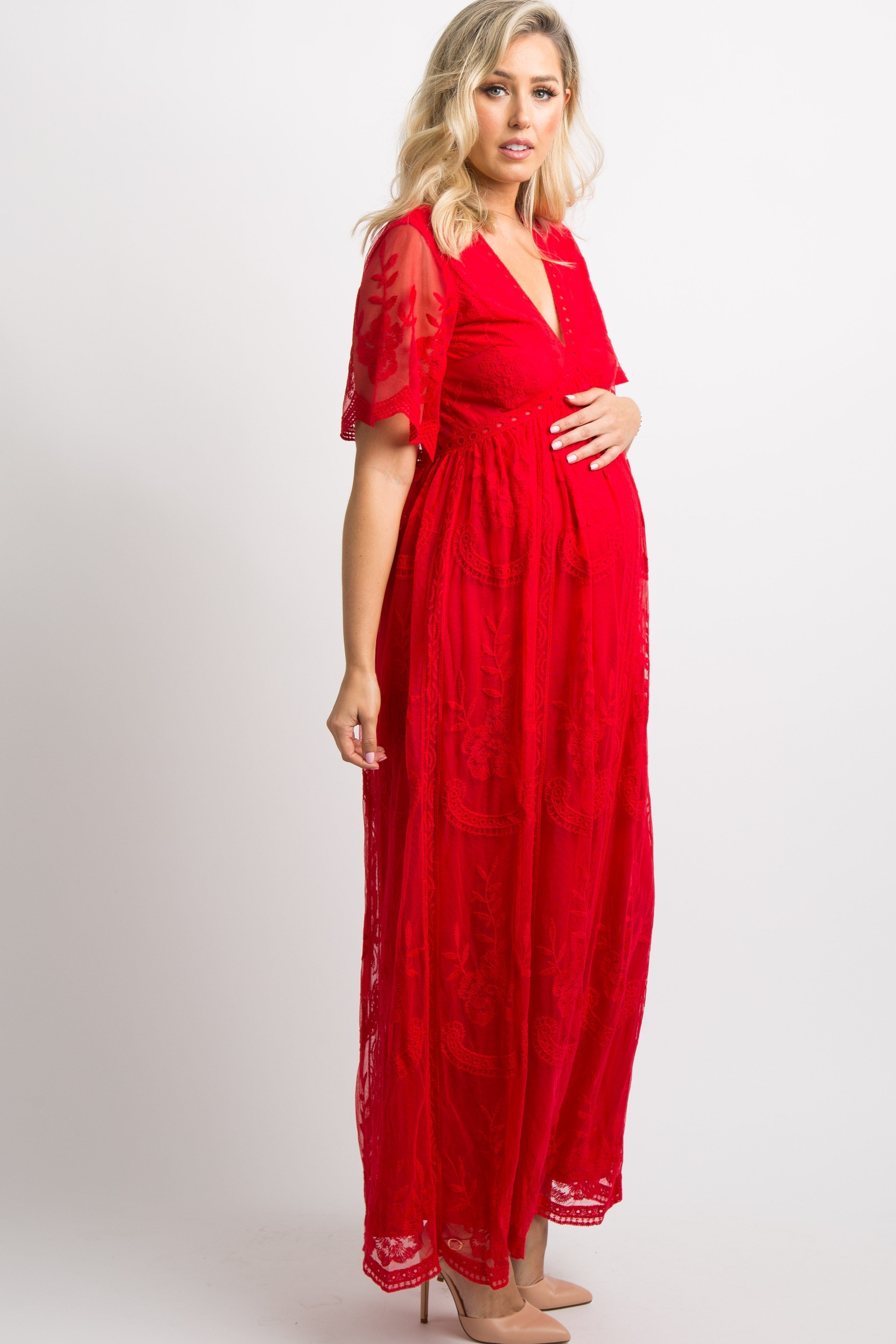 MARIJNEA® | Rotes Maxikleid mit Spitzen-Mesh-Overlay 