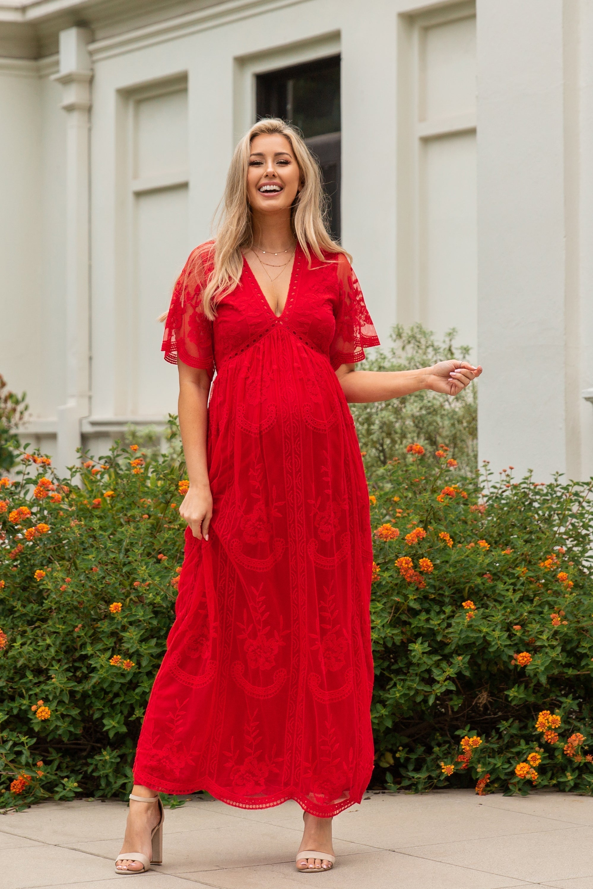 MARIJNEA® | Rotes Maxikleid mit Spitzen-Mesh-Overlay 