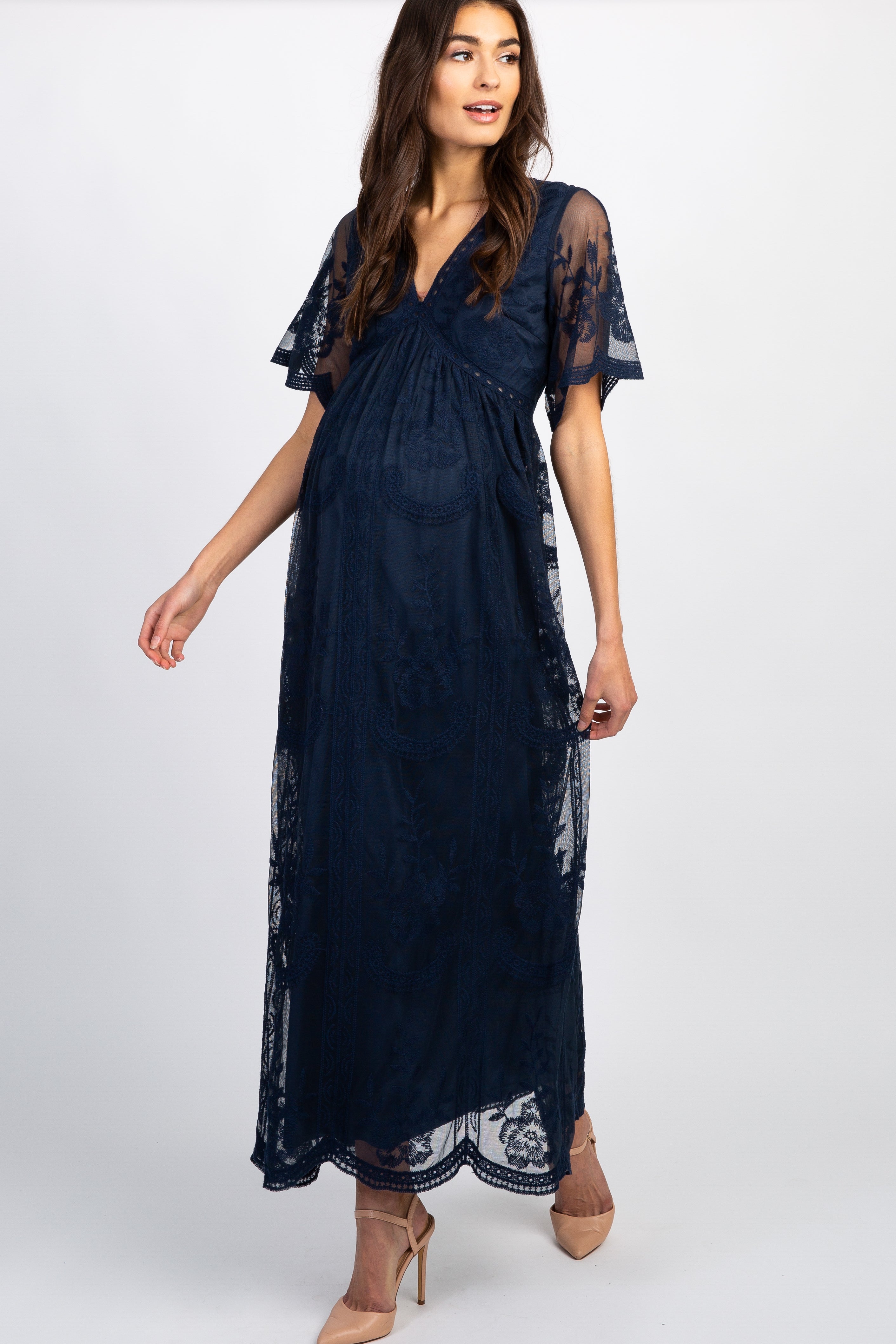 MARIJNEA® | Donker blauw kanten mesh overlay Maxi-Jurk