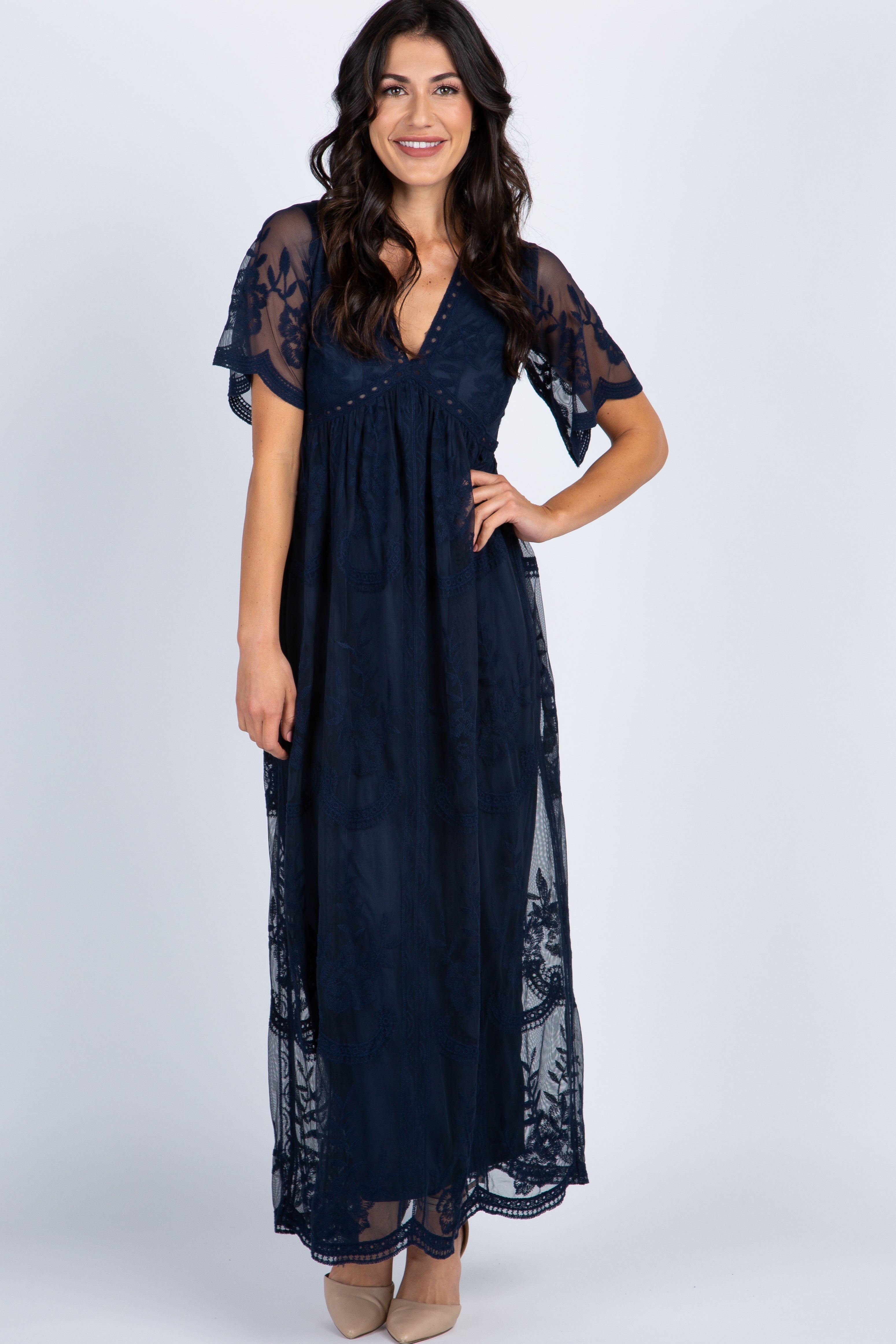 MARIJNEA® | Donker blauw kanten mesh overlay Maxi-Jurk