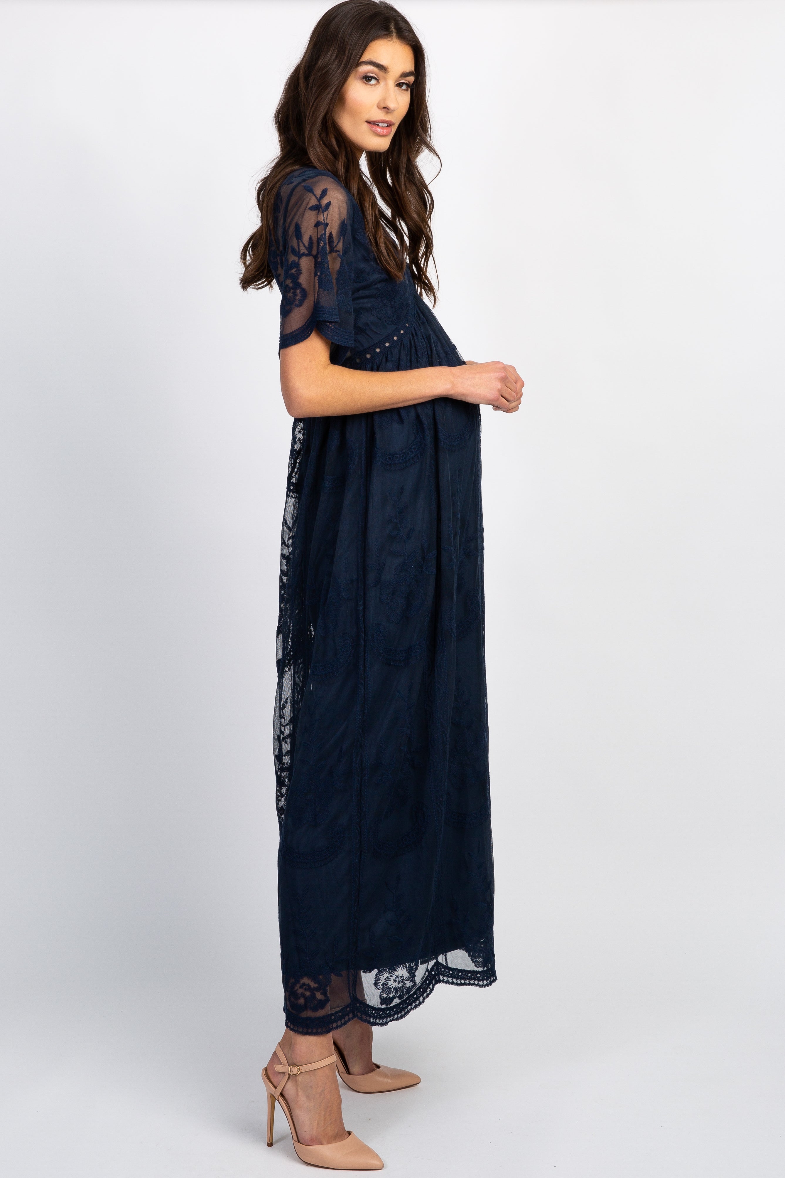 MARIJNEA® | Donker blauw kanten mesh overlay Maxi-Jurk